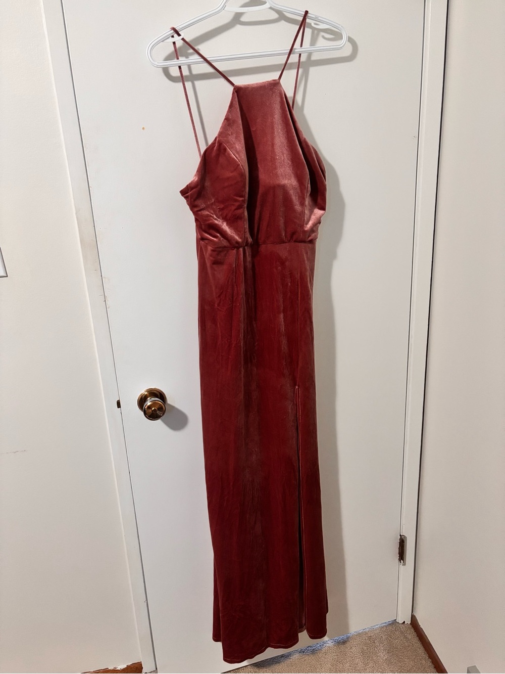 Dessy Collection Rust Velvet Maxi Dress with Spaghetti Straps